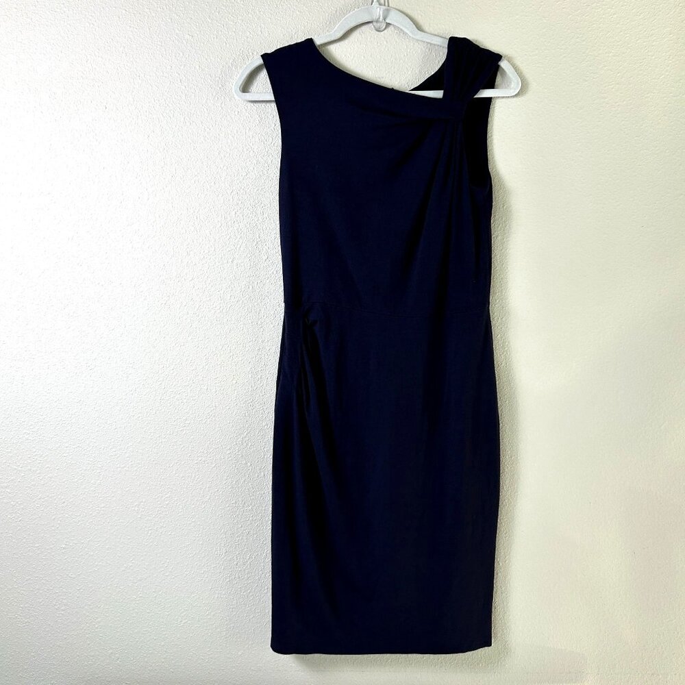 Ann Taylor Sheath Dress Size‎ 2 Navy Sleeveless Ruched Asymmetrical Neck Stretch